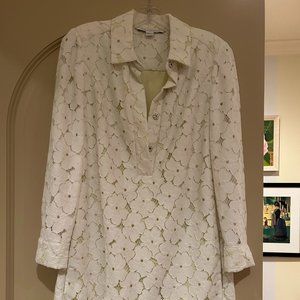 Diane vonFurstenberg White Daisy Long Sleeve Dress with Green Underlay
